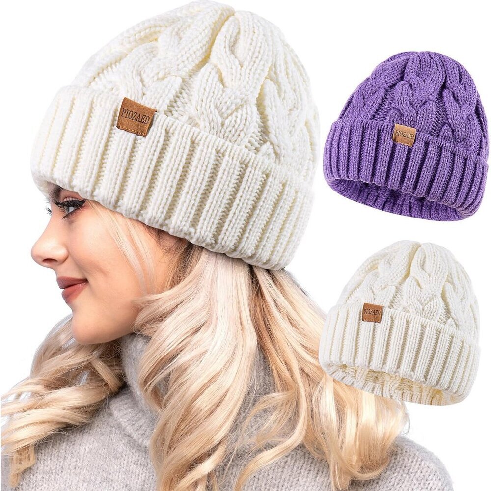 Women's White Purple 2 Packs Stylish Winter Warm Knitted Beanie Skull Hat Cap